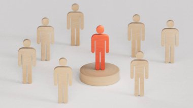 Kalabalıkta göze çarpıyor, tahta blok podyumda duran kişiye, liderlik kavramına benziyor. İş başarısı kavramına sahip liderlik beyaz arka planda 3D tasvir ediliyor..