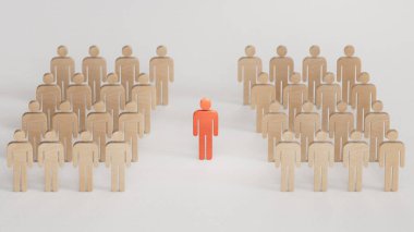 Kalabalıktan uzak dur. Takım grubunda farklı kişi figürü. İş dünyasının liderliği, beyaz arkaplanda 3D tasvir edilmiş..