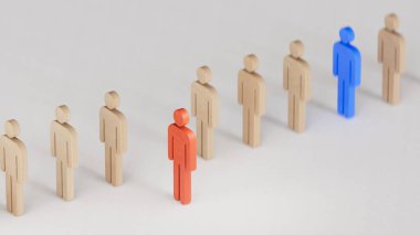 Girişim çalışanı kavramı liderdir. Tahta bebek kalabalığından mavi bir lider çıktı. İş dünyasının liderliği, beyaz arka planda canlandırılan 3D konsepti ile..