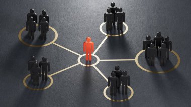 Bir lider tarafından yönetilen organize gruplar. Tahta bebeklerin farklı renklerde 3 boyutlu ilüstrasyonu. İş dünyasının liderliği siyah arkaplanda 3D tasviri..