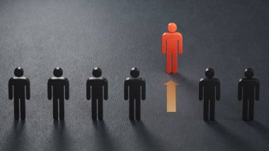 Kırmızı ok ve tahta bebekler. Liderlik ve büyüme kavramı. İşletme başarısı olan liderlik siyah arkaplanda 3D tasviri.