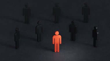 Kalabalıktaki kırmızı kişi. - Evet. Sosyal mesafe. Yüksek bulaşıcı hastalık ve yeni dalga salgını salgını salgını. Siyah arka planda 3D..