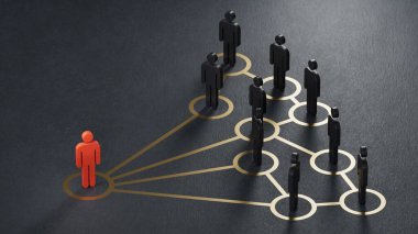 Etkini ve fikirlerini diğer insanlara yay. İşletme lideri, işe alım. Siyah arkaplanda sosyal yönetim ve manipülasyon 3D.