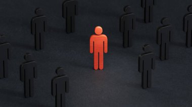 Kalabalıktan uzak duruyor. Başarı, Bireysellik, Eşsizlik, Liderlik. İş dünyasının başarılı liderliği. Siyah arkaplanda 3D tasviri..