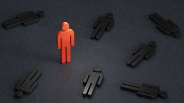 Rekabet konseptinde başarı avantajı. Kırmızı biblo rekabetin simgesi. İş dünyasının liderliği, siyah arkaplanda 3D tasvir edilmiş..