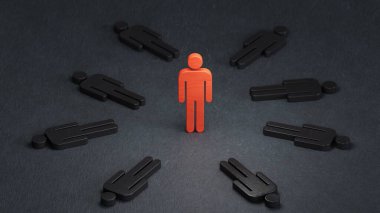 İş hayatında ve liderlikte başarı. Bir masadaki kırmızı biblo. İş başarısı kavramı 3D olan liderlik siyah arkaplanda oluşturuluyor.