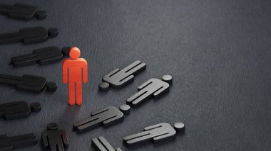 İş yarışması konseptinde başarı. Kırmızı biblo ve ahşap biblolar. İş dünyasının liderliği siyah arkaplanda 3D tasvir ediliyor..