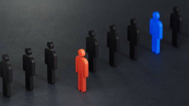 Girişim çalışanı kavramı liderdir. Tahta bebeklerden oluşan kalabalıktan mavi bir lider çıktı. İş dünyasının liderliği siyah arka planda 3D tasvir edildi..