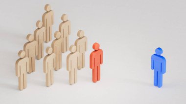 İşletme ekibinin lideri. Ekibin yeni bir üyesine katılacağım. Rakip veya ortakla anlaşmazlık tartışması. İş başarısı konsepti 3D ile liderlik beyaz fon üzerine yorumlama.