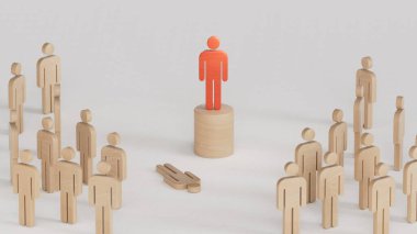 Kalabalığın önünde kırmızı bir lider. Kafa dengesi. İş optimizasyonu, anahtar çalışanların yerine sadık olanları koymak. Güç değişimi. Beyaz arkaplanda bozulma önleyici 3D görüntüleme.