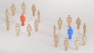 Mavi ve kırmızı liderlik adaylarının etrafında iki farklı grup var. Ayrı ayrı. Şirketler ve takımlar arasındaki iş rekabeti. Beyaz arka planda 3D görüntüleme..