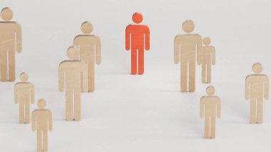 Tahta figür etki ve güç göstermek için ekiple birlikte duruyor. Lider takım 3D 'nin iş liderliği kavramı beyaz arka planda.