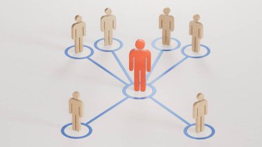 Hepimiz birimiz için. Takım çalışması. Bu bir çöp adam. Bir lider tarafından yönetilen organize gruplar. İş başarısı kavramına sahip liderlik beyaz fon üzerinde 3D sunumu.