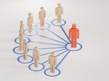 Hepimiz birimiz için. Takım çalışması. Bu bir çöp adam. Bir lider tarafından yönetilen organize gruplar. İş başarısı kavramına sahip liderlik beyaz fon üzerinde 3D sunumu.