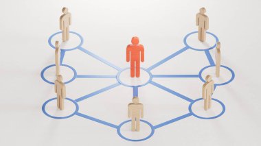 Ağ tasarımı. Bir lider tarafından yönetilen organize gruplar. İş başarısı kavramına sahip liderlik beyaz fon üzerinde 3D sunumu.
