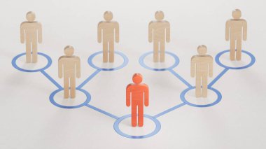 Sosyal ağ simgeleri, halk ağ simgeleri. Bir lider tarafından yönetilen organize gruplar. İş başarısı kavramına sahip liderlik beyaz fon üzerinde 3D sunumu.