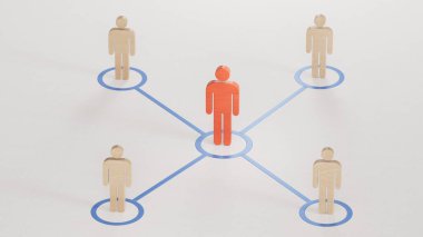 Takım çalışması ikonu. İş adamları sembolü. Liderlik ve bağlantı işareti. Bir lider tarafından yönetilen organize gruplar. İş başarısı kavramına sahip liderlik beyaz fon üzerine 3D sunumu.