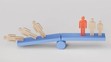 Tahta tahtadan bir tahterevallinin üzerinde duran takım, bir taraf kazanır, bir taraf kaybeder. Başarı ve başarısızlık. İş ve işyeri yarışması beyaz arka planda 3D oluşturma.