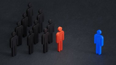 İşletme ekibinin lideri. Ekibin yeni bir üyesine katılacağım. Rakip ya da ortakla anlaşmazlık tartışması. İş başarısı olan liderlik siyah arkaplanda 3D gösterimi.