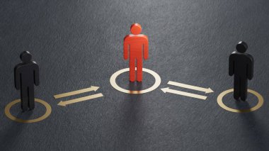 Üç bebek ve altın oklar. Kişiler arası çatışma yönetimi ve siyah arkaplan üzerine uzlaştırılmış 3D kavramı.