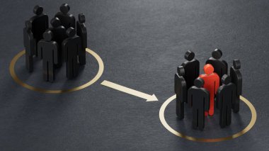 Mutsuz Müşterileri Mutlu Olanlara Dönüştürme kavramına sahip mutsuz ve mutlu yüzlü iki daire. Siyah arkaplanda 3D tüketici memnuniyeti.