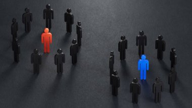 Mavi ve kırmızı liderlik adaylarının etrafında iki farklı grup duruyor. Şirketler ve takımlar arasındaki iş rekabeti. Siyah arka planda 3D görüntüleme..