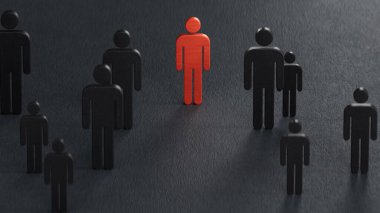 Tahta figür etki ve güç göstermek için ekiple birlikte duruyor. Siyah arkaplanlı 3D takım lideri için iş yönetimi kavramı.