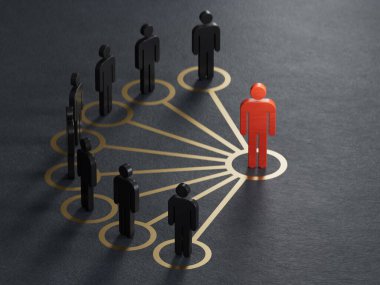 Hepimiz birimiz için. Takım çalışması. Bu bir sopa figürüdür. Organize gruplar bir lider tarafından yönetilir. İş başarısı kavramına sahip liderlik siyah arka planda 3D görüntülenir..