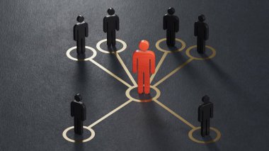 Hepimiz birimiz için. Takım çalışması. Bu bir sopa figürüdür. Organize gruplar bir lider tarafından yönetilir. İş başarısı kavramına sahip liderlik siyah arka planda 3D görüntülenir..