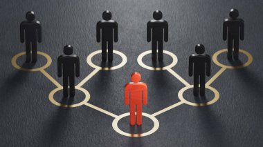 Sosyal ağ simgeleri, halk ağ simgeleri. Bir lider tarafından yönetilen organize gruplar. İş başarısı konsepti 3D siyah arkaplanda oluşturulan liderlik.