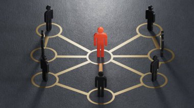 Ağ tasarımı. Bir lider tarafından yönetilen organize gruplar. İş başarısı kavramına sahip liderlik siyah arkaplanda 3D görüntüleme.