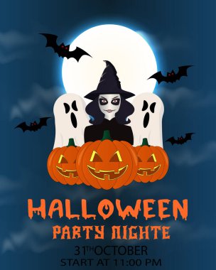 Cadılar Bayramı partisi davetiyesi ya da tebrik kartı 2023 vektör cadı, hayalet ve balkabağı dolunay arka planda