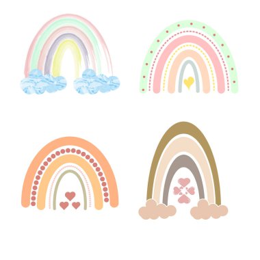 Şirin boho gökkuşağı bebek odası dekorasyonu için tırnak koleksiyonu. Bebek partisi, doğum günü, çocuk partisi için mükemmel. Bohem unsurlar. Vektör Yanlısı