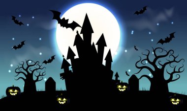 Cadılar Bayramı dolunay afişi, ağaç, mezar taşı, balkabağı ve yarasalar. 2023 illüstrasyon