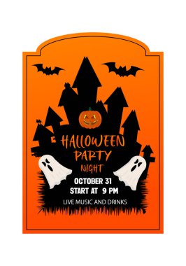 Cadılar Bayramı bayrağınız kutlu olsun ya da Castle, yarasalar ve balkabaklarıyla parti davetiyesi geçmişiniz kutlu olsun. Vektör illüstrasyonu.