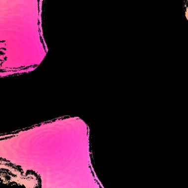 Çıkarılan tıkanık, eğimli, bulanık, titrek ve pikselleştirilmiş siyah, sıcak pembe ve koyu pembe şekiller masum zemin üzerinde süzülüyor.