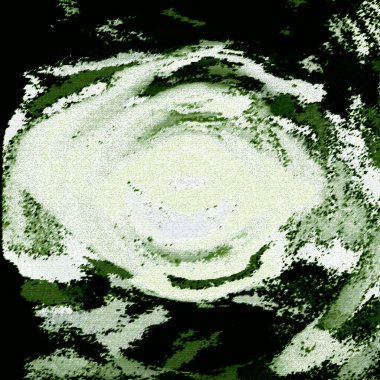 Atoma benzeyen, patlamış, piksellenmiş, değişken ve bulanık renkli yapılar masum Kara zemin üzerinde süzülüyor.