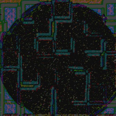 Dava edilen gübre ortaya çıkar, çemberler atoma benzer, belirsiz, eğimli, karelerle dolu ve masum zemin üzerinde üç boyutlu çok renkli şekiller oluşur.