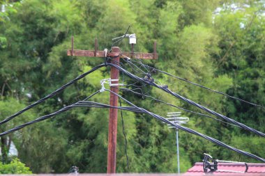 Arka planda ağaçlar olan elektrik direkleri ve kablolar