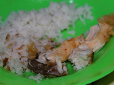 Yeşil tabakta kalan yemek.