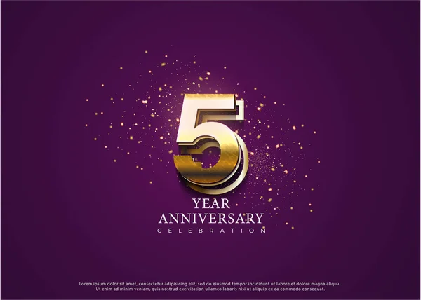 紫色のバックグラウンドとゴールドグリッターで5周年 ベクタープレミアムデザイン — ストックベクタ