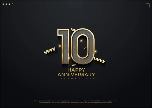 10º Aniversario Con Hermosa Celebración Decoración Cinta Oro Vector Diseño — Vector de stock