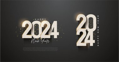 Yeni yılın kutlu olsun 2024. Numaraları daha güzel yapan her parçada altın rengi ışık efekti illüstrasyonları var. 2024 numara tasarımı.