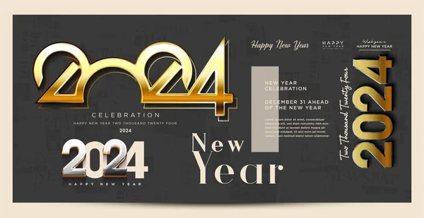 2024 Новорічний Плакат Класичними Елегантними Постерними Ілюстраціями Унікальним Поєднанням Золотих — стоковий вектор