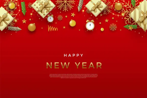 红色背景下的矢量新年快乐与现实的时钟装饰 — 图库矢量图片