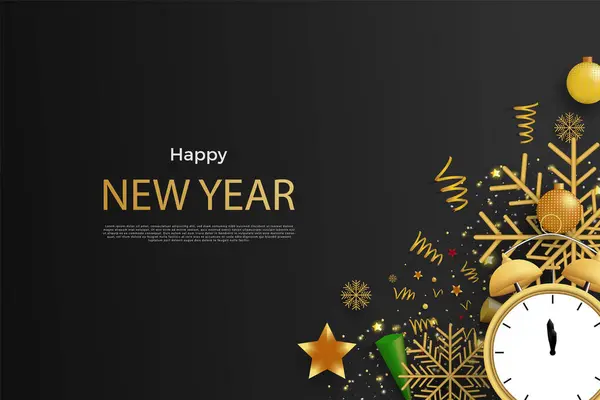 Διάνυσμα Ευτυχισμένο Νέο Έτος Ρεαλιστικό Ρολόι Και Κυκλική Κορδέλα Φιόγκους — Διανυσματικό Αρχείο