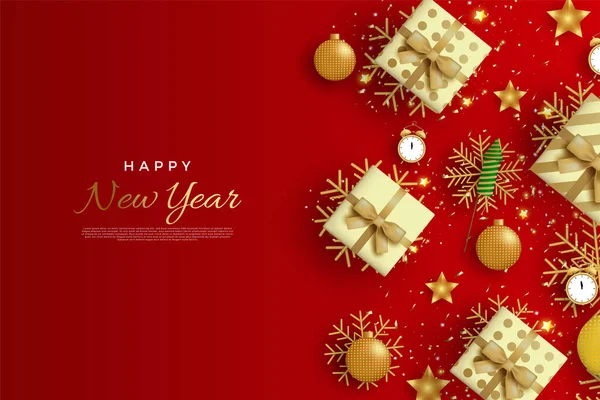 Vector Feliz Año Nuevo Con Decoración Realista Oro Blanco — Archivo Imágenes Vectoriales