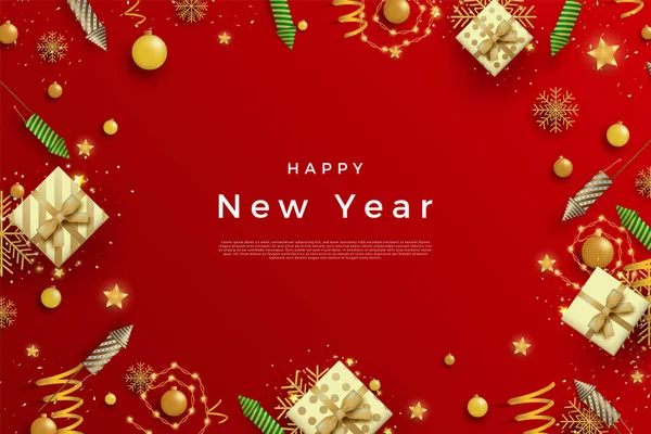 祝您新年快乐 有甜蜜的礼品盒和欢庆的爆竹 — 图库矢量图片