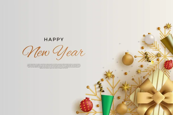 矢量新年快乐与现实的绿色和金色庆祝小号装饰 — 图库矢量图片