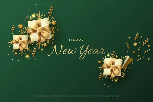 Vector Ευτυχισμένο Νέο Έτος Ένα Ρεαλιστικό Κουτί Δώρου Διακοσμημένα Φωτεινό — Διανυσματικό Αρχείο